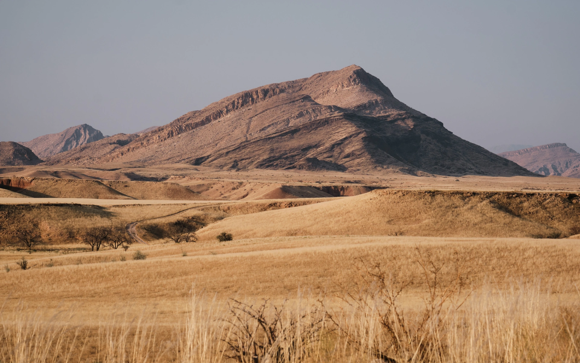 Sunlit rocky mountains above a dry grassland valley